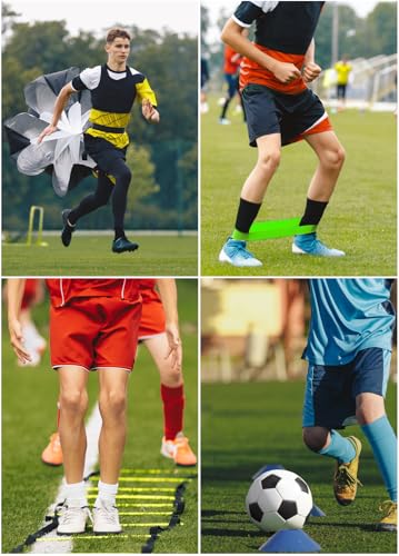Hands Free Speed Agility Training Equipment Set - 20ft Agility Ladder, 10 Disc Cones, Resistance Parachute, 5 Resistance Bands & Carry Bag | Football Soccer Basketball Fitness Drills - color: Warm Yellow