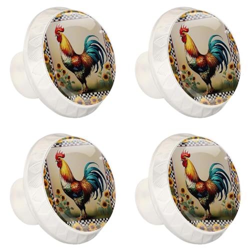 4 Pack White Cabinet Knobs, Rooster Sunflowers Drawer Handles for Cabinets, Dresser, Cupboard, Bathroom, Bedroom, Kitchen Hardware Closet Door Knob - color: Rooster Sunflowers