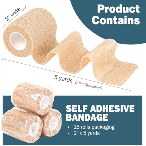 AZEN 16 Pack Self Adhesive Bandage Wrap, 2" X 5 Yards Elastic Cohesive Bandage Wrap, Skin Color Athletic Tape, Vet Wrap, Ankle Tape, Tattoo Grip Tape Wrap - color: Beige, size: 2 Inch