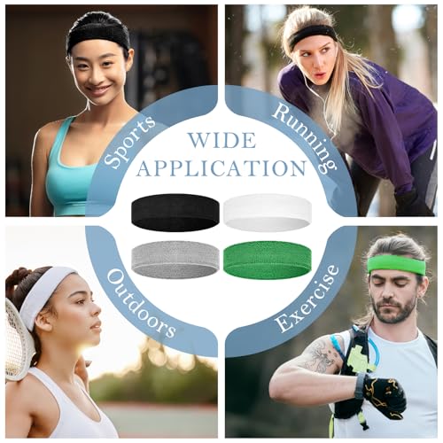 4 Pack Cotton Terry Sweat Headbands for Men Women Running Gym | 4 pack soft cotton terry headbands, Stretch 7 to 15 inches, Sweat-wicking, stays put for running, tennis, basketball & yoga - color: Black/Gray/Green/White