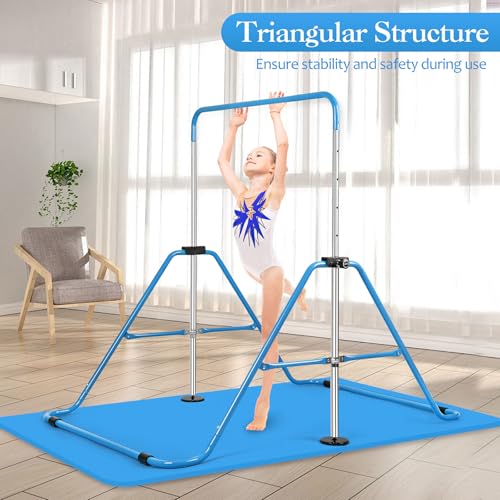 Expandable Gymnastics Bars with Ring, Adjustable Height Gymnastic Horizontal Bars, Gym Junior Training Bar Children Folding Training Monkey Bars for Kids - color: Mat+Blue
