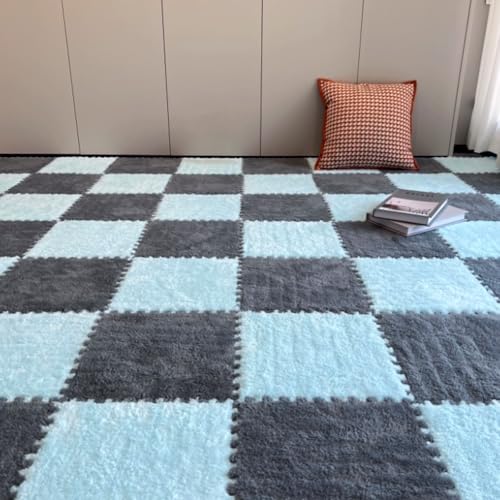 12Pcs Plush Foam Floor Mat,Plush Interlocking Carpet Tiles,Anti-Slip Square Puzzle Floor Mat,EVA Foam Area Rugs for Bedroom Playroom (Blue+Grey) - color: Blue+grey