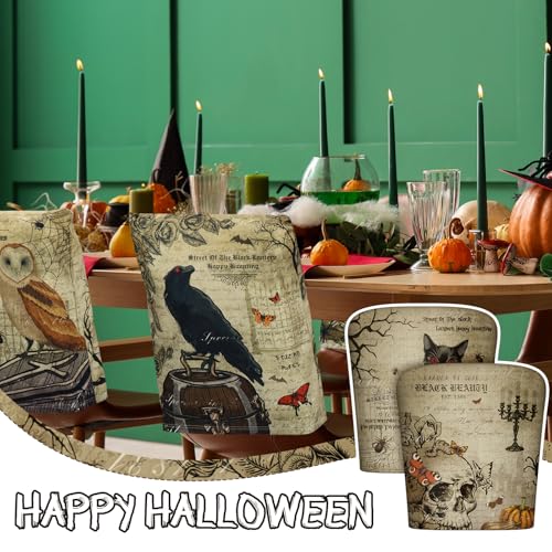 Moukeren 6 Pcs Gothic Chair Cover Set Gothic Halloween Decor Stretch Dining Chair Back Covers Skeleton Black Cat Bat Owl Seat Covers Horror Home Farmhouse Dining Seat Protector for Kitchen Decor - style: Gothic