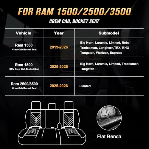 DISUTOGO for 2018 Dodge ram seat Covers 2012-2025 2026 RAM 1500 2500 3500 | Dodge Ram Seat Covers Full Set, Faux Leather Custom Fit Ram 1500 2500 3500 Truck, Flat Bench - color: 096-Black-Flat Bench, size: 5 Seats full set-RAM 2012-2026