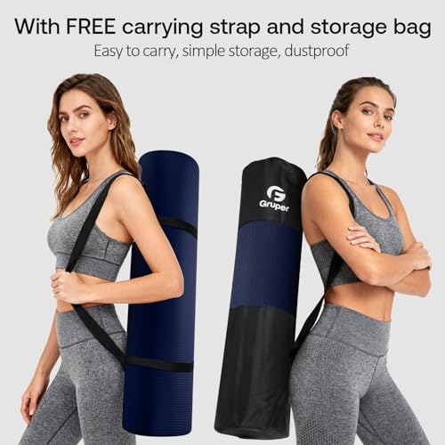 Gruper Yoga Mat Non Slip NBR Extra Thick Yoga Mat, 72"L x 32"/24"W x 0.6"/0.4"TH (185cm x 80cm/61cm x 15mm/10mm), Anti-Tear Exercise Mat with Carrying Strap and Bag, Workout Mats for Yoga, Pilates - color: Navy Blue, size: 72 x 32 x 0.6 inches