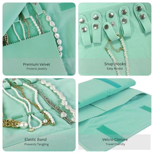 UnionPlus Velvet Travel Jewelry Case Roll Bag Organizer for Necklace, Ice Green - color: Ice Green, size: Medium