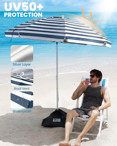 OutdoorMaster 7.2ft Beach Umbrellas for Sand with Sandbag & Anchor | 7.2ft Adjustable Umbrella for Beach, Wind Resistant, Portable UPF50+ Sunshade with Carry Bag for Patio - color: Navy Striped