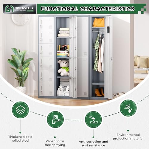 Greenvelly 72" Locker, Metal Lockers for Employees with 6 Doors and Keys, 6-Tiers Lockable Steel Storage Locker for Gym,School,Office,Sports,Card Slots,Vents(Grey White) - color: Grey White, size: 6 Doors
