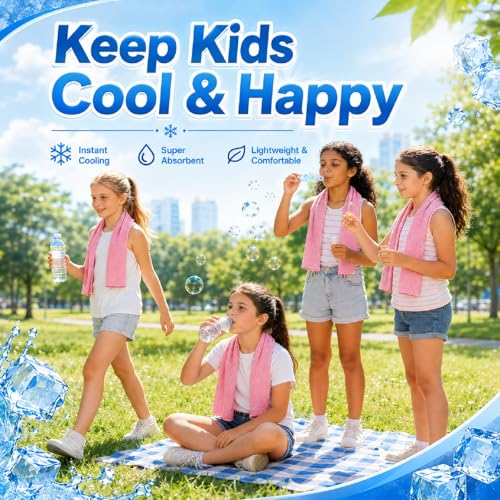 BobbleT Kids PVA Cooling Towels 4 Pack (30"x9") - Mini Instant Ice Cooling Towels for Neck & Face with UPF 50+ Sun Protection, Reusable Summer Heat Relief for Outdoor Activities, Pink - color: Pink