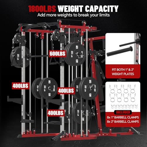 All in One Home Gym System Workout Station, Multi-Function Smithe Machine Power Cage with Cable Crossover System, Tripe-Sided Independent Load Posts, Functional Trainer for Full Body Training - color: Red, style: Home Gym Station