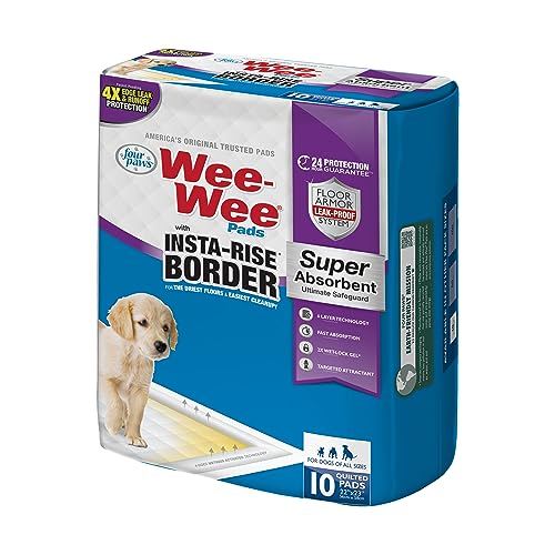 Four Paws Wee-Wee Super Absorbent Insta-Rise Dog Pee Pads, 10 Count | Edge leak & runoff protection, leak-proof puppy pads, built-in attractant, dog housebreaking, all day protection, 22" x 23" - size: 10 Count