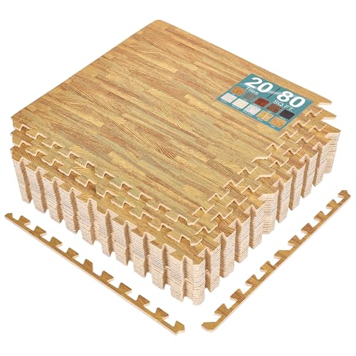 Sorbus 80 Sq. Ft. Wood Grain Floor Tiles Foam Mat EVA Interlocking Mats Tile 3/8-Inch Thick Flooring Wood Puzzle Exercise Mats w/Borders - Home Playroom Basement, Apartment, Trade Show, Baby, Dance - color: Wood Grain - Light, size: 20 Pack