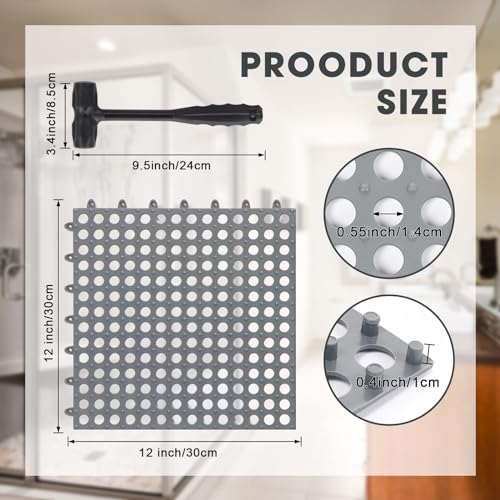 Drydiet 8 Pack Drainage Tiles Modular Interlocking Floor Tiles with 1 Pc Plastic Hammer 12" x 12" Cushion Mat Non Slip Rubber Floor mat with Holes for Pool Bathroom Deck Kitchen Patio (Gray) - color: Grey