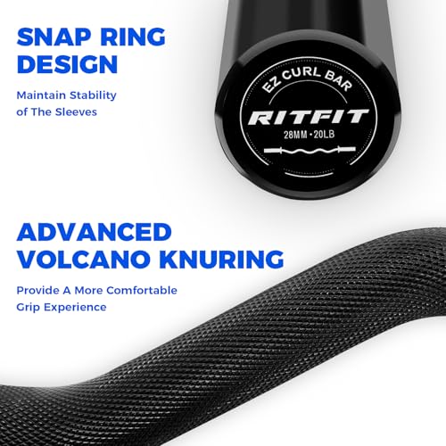 RitFit 2 Inch EZ Curl Bar with Weights, 350LBS Capacity Olympic Barbell for Bicep & Triceps, Home Gym Strength Training - style: Black with Collar and wrist