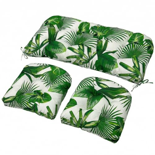 Wicker Chair Cushions Set, 2 U-Shaped Cushions & 1 Loveseat, Waterproof Outdoor Loveseat Cushion for Patio Furniture, Settee Bench Pad All Weather,FreshLeaf - color: Freshleaf