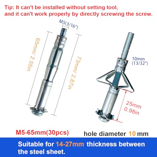 30 pcs Molly Bolts, Metal Drywall Anchors, Heavy Duty Zinc Plated Steel Molly Bolt (M5-65) - color: M5-65