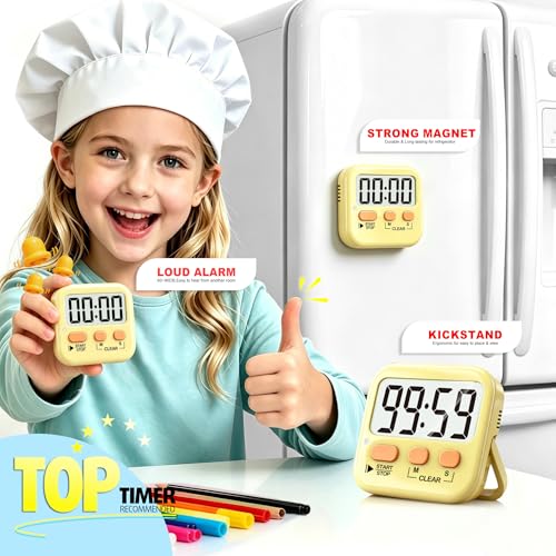 Antonki 2 Pack Digital Timer for Kids, Magnetic Countdown Kitchen Timers for Cooking, Egg, Classroom, Teacher, Exercise, Study, Oven - Battery Included - color: Yellow