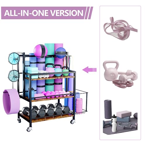 EasyCom Home Gym Storage Rack for Dumbbells, Kettlebells, Foam Roller, Weights - Yoga Mat Storage Rack - Yoga Mat Storage Cart with Wheels, Shelves, Hooks - Home Gym Storage Unit Equipment Organizer