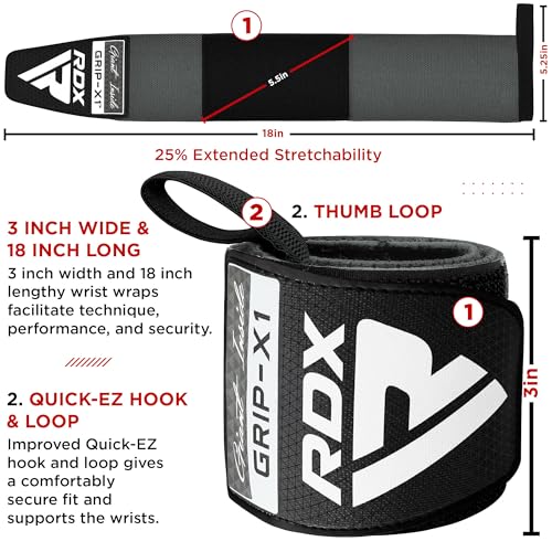 RDX Wrist Wraps for Weightlifting (Pair), IPL USPA Approved, Elasticated 18” Cotton Straps Support with Thumb Loop, Gym Wrap for Weight Lifting Powerlifting Competition Strength Training Bodybuilding - color: Grey