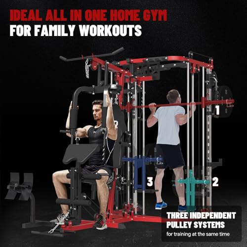 All in One Home Gym System Workout Station, Multi-Function Smithe Machine Power Cage with Cable Crossover System, Tripe-Sided Independent Load Posts, Functional Trainer for Full Body Training - color: Red, style: Home Gym Station with Weight Bench (9001)