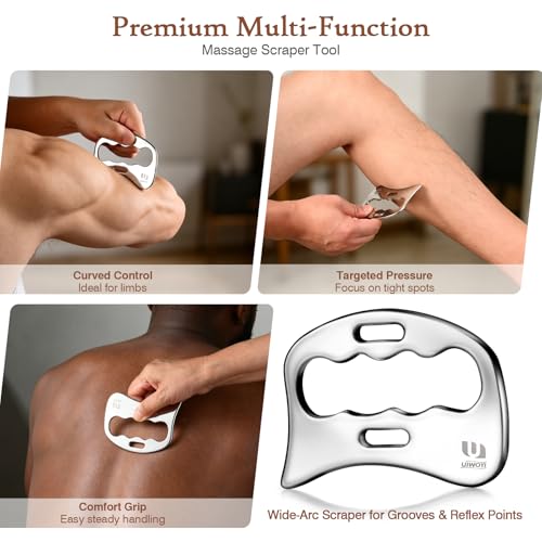 304 Stainless Steel Gua Sha Tools Set, Facial & Full Body Scraping Massage Kit | with Zinc Alloy Eye Roller, 3 Pack Ergonomic Muscle Scraper for Home Daily Self Care & Workout Recovery