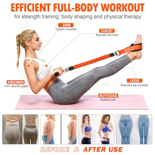 Foot Pedal Resistance Band with Handle, 3-Tube Multifunction Adjustable Yoga Elastic Exercise Bands, Home Workout Equipment for Women & Men to Abdomen, Waist, Arm, Core/ABS, Leg - color: Orange