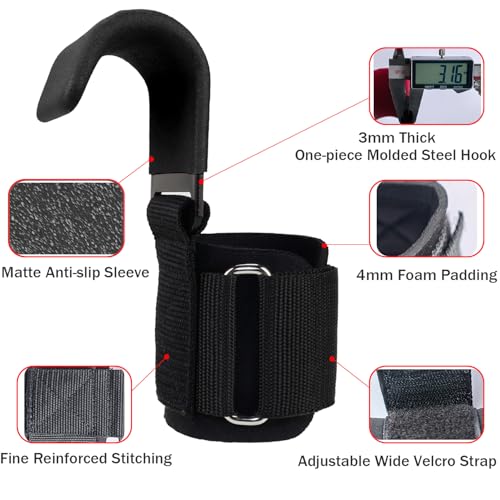 Weight Lifting Hooks With Wrist Straps For Deadlifts & Pull Ups | 3mm Steel Hooks, Rubber Coated Grip, 4mm Neoprene Padding, Deadlifts, Rows, Pull Ups & Shrugs - color: Black