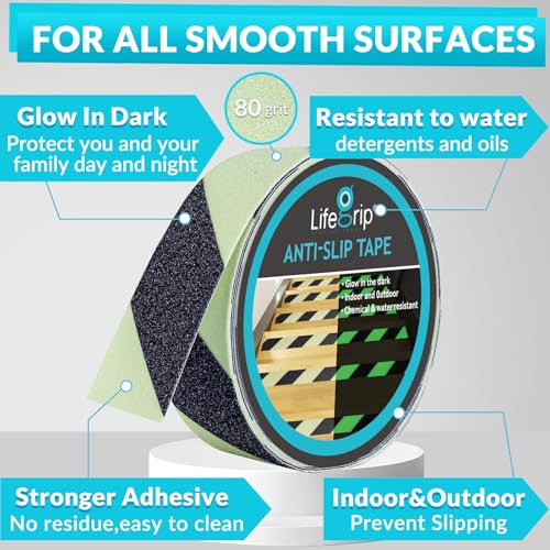 LifeGrip Anti Slip Traction Tape with Glow in Dark Green, 2 Inch x 38 Feet - Best Grip, Friction, Abrasive Adhesive for Stairs, Tread Step, Indoor and Outdoor, Green/Black (2 inch X 38 feet) - color: Black/Glow in the Dark, size: 2" X 38'