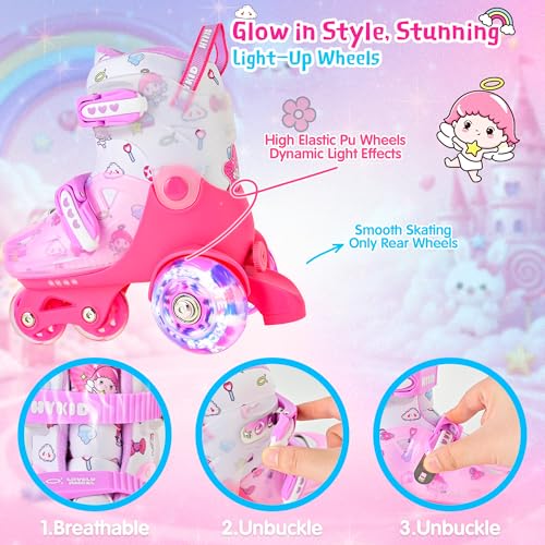 HYKID Toddler Roller Skates, 4 Adjustable Sizes, Fun Illuminating, Safety Three-Point Type, Breathable Upper, Beginners' Roller Skates for Girls Boys Kids - color: Lovely Angel, size: Toddler (8C-10.5C)