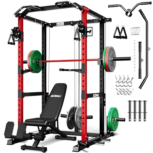 RH01 Power Cage Rack, 2000LBS Squat Rack with with Cable Crossover System&LAT Pull Down System, Multi-Function Workout Cage for Home&Garage Gym - color: Red-SE, size: RH01 Power Cage with 220LB C Weights