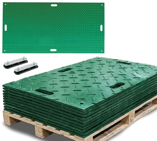 Mytee Products 12 Pack 3' x 8' Green Ground Protection Mats w/Double Sided Diamond Plated Tread Design & 22 Pcs Single Connectors - Polyethylene Mat, Easily Supports 90 Ton Loads on Lawns, Dirt - color: Green, size: 12 - Pack