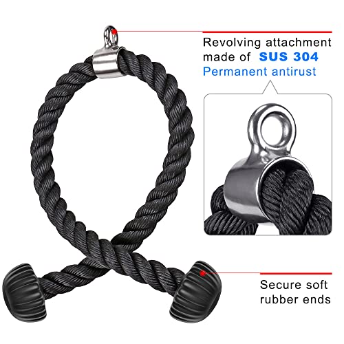 SELEWARE Rotating Straight Bar, Tricep Rope, Double D Row Handle, Rotating V Handle, Cable Machine Attachment with Non-Slip Soft Rubber Grip, Universal Attachment for Cable Machines - color: Black Rubber Tricep Rope - 28inch