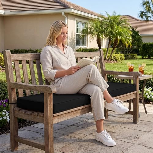 Summsun Outdoor Bench Cushion: Waterproof and Fade Resistant Patio Furniture Cushions - Non-Slip Bench Pad Cushion with Removable Cover for Garden Swing Porch Sofa Settee, 42 x 18 Inch, Black - color: Black, size: 42x18x3 Inch