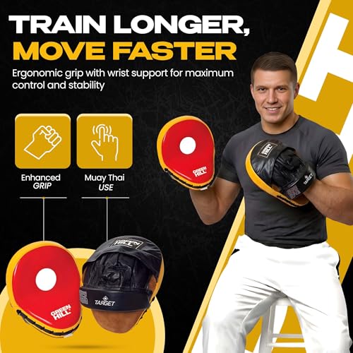 Green Hill Curved Boxing Focus Mitts for MMA, Muay Thai & Boxing - color: RED/YELLOW/BLACK