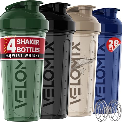 VELOMIX 4 Pack 28oz Shaker Cups for Protein Shakes, Forest Edge | 4x Wire Whisk, Leak Proof Protein Shaker Bottle for Protein Mixes, Stackable, Dishwasher Safe, Gym Ready, Measurement Marks - color: A2) Forest Edge