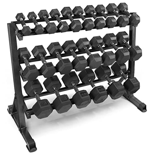 WF Athletic Supply Rubber Encased Hex Dumbbells with Rubber Grip Contoured Handle for Muscle Toning, Strength Building & Full Body Workout - color: y. 590LB Dumbbell Set w/ 3-Tier Rack