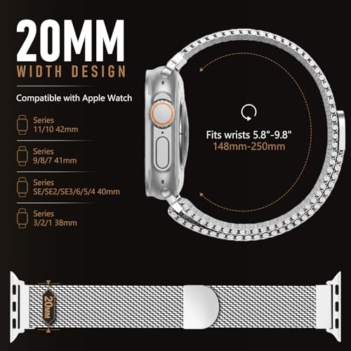 Milanese Loop Compatible with Apple Watch Band 40mm 41mm 42mm 38mm Men Women, Magnetic Buckle Strap Stainless Steel Mesh Metal Bands for iWatch Series 11 10 9 8 7 6 5 4 3 SE3/2/1 - color: 01-Silver, size: 38/40/41/42mm(s10/11)