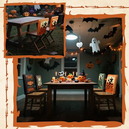 Moukeren 6 Pcs Halloween Chair Cover Set Gothic Halloween Decor Stretch Dining Chair Back Covers Witch Skeleton Pumpkin Black Cat Bat Seat Covers Farmhouse Dining Seat Protector for Home Kitchen Decor - style: Terrifying