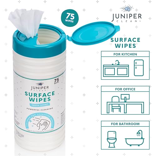 Juniper CLEAN 6 Pack Surface Cleaning Wipes Bleach Free, All-Purpose Cleaner for Bathroom, Kitchen, Office, 450 Count Canister, 7.5" x 7" Sheet, Fresh Scent, Lint Free & Durable - size: 75 Count (Pack of 6)