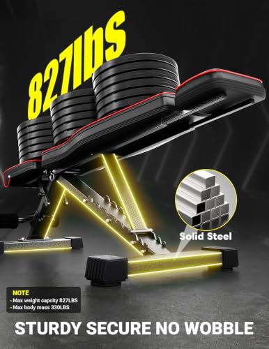 YOLEO Adjustable Weight Bench for Home Gym, ASTM-Certified 827LBS, 98% Pre-Assembled, Foldable Gym Bench with 84 Positions Incline Decline Flat, Wider Seat - size: XL