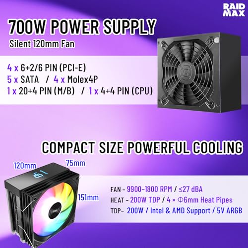 Raidmax i802 Vibe Series ATX Mid Tower Gaming Case Bundle – Tempered Glass Side Panel, Includes 700W 80+ Power Supply, AM1204 Digital Display Air Cooler, and 5 Pre-Installed FRGB Fans (Black) - color: Black