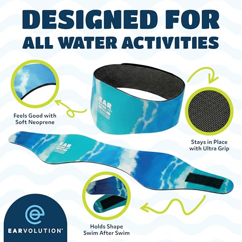 Earvolution Ear Band-It Ultra Swimming Headband for Kids and Adults - Invented by Ear, Nose, and Throat Physician - Custom Anti-Slip Grip Neoprene Maximizes Protection, 13 Color Options, 3 Sizes - color: Blue Tie Dye