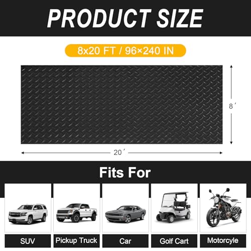 Grandroad auto 8x20 FT Garage Floor Mat, 2.8mm Thickened Flooring Roll for Under Car Diamond Plate PVC Rubber Mat with 20 Pcs Tapes, Non-Slip Floor Mat for Garage, Warehouse, Gyms, Trailer, Black - color: Black, size: 8×20FT
