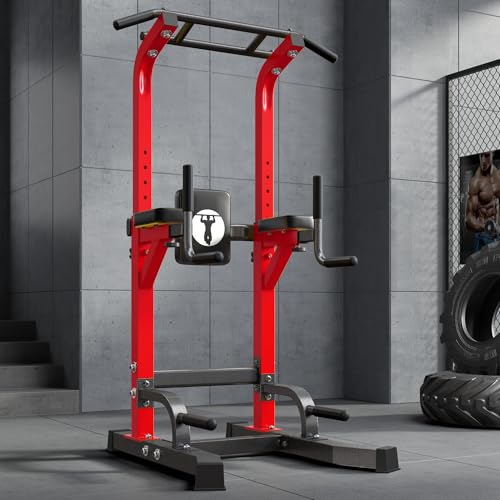 soges Power Tower Pull Up Bar Dip Station, All in One Free Standing Pull Up Bar for Home Gym with 7-Level Height Adjustable, Multi-Function Power Racks Strength Training Equipment, 330 lbs Capacity - color: Red