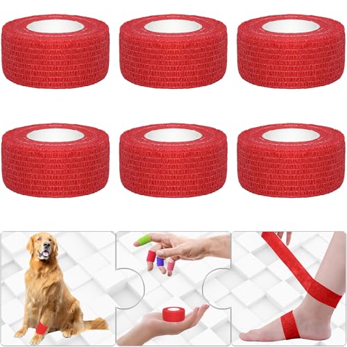 6 Pack 1 Inches Self Adhesive Bandage Wrap Breathable Cohesive Bandage Elastic Tape for Pets, Athletic, Sports, Wrist, Knee, Ankle(5 Yards Per Roll, Red) - color: Red, size: 1 Inch