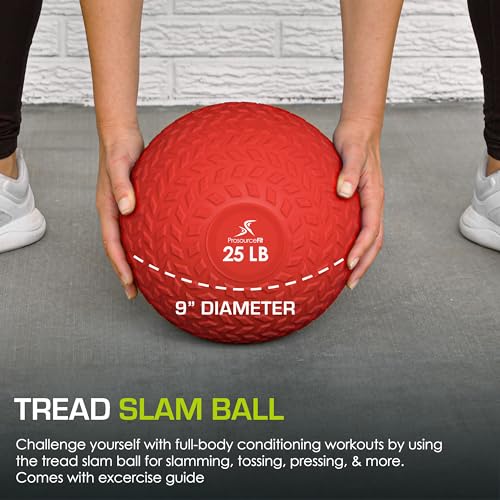 ProsourceFit Slam Medicine Balls 5, 10, 15, 20, 25, 30, 50lbs Smooth and Tread Textured Grip Dead Weight Balls for Strength and Conditioning Exercises, Cardio and Core Workouts - color: Red, size: 25 LB