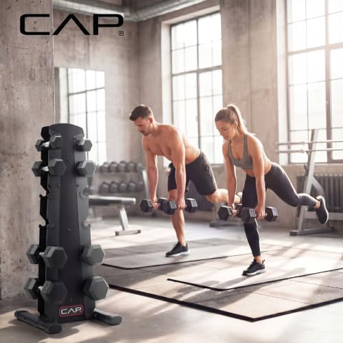 CAP Rubber Coated Hex Dumbbell Set with Storage Rack | 100–210 lb Options, Space-Saving Vertical Compact Storage for Home Gym Strength Training - size: 210 lb - Set - Black Rack, style: Chrome Handles