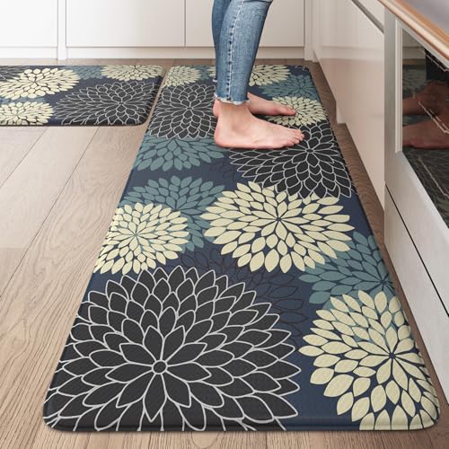 KIMODE Padded Anti Fatigue Rug Sets of 2, Ergonomic Standing Kitchen Rugs 2PCS, Boho Dahlia Kitchen Mats for Floor 2 Pieces Stain Resistant, Non Slip Kitchen Sink Floor Mat, 20"x32"+20"x47", Blue - color: Multi-blue, size: 20" x 47"+20" x 32"--0.47 inches