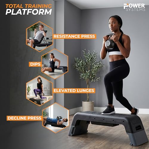 Power Systems Step Bench & Weight Bench | Aerobic Platform & Plyo Box for Cardio, Strength | Commercial Grade Full Body Home Gym Stepper with Adjustable Multifunctional Deck & Resistance Band Clips