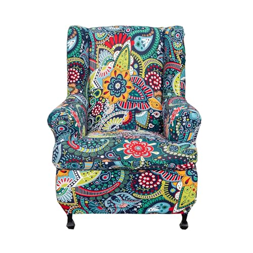 CRFATOP 2 Piece Stretch Wingback Chair Cover Printed Wing Chair Slipcovers Spandex Fabric Wingback Armchair Covers with Elastic Bottom for Living Room Bedroom Wingback Chair,C15 - color: Color C15